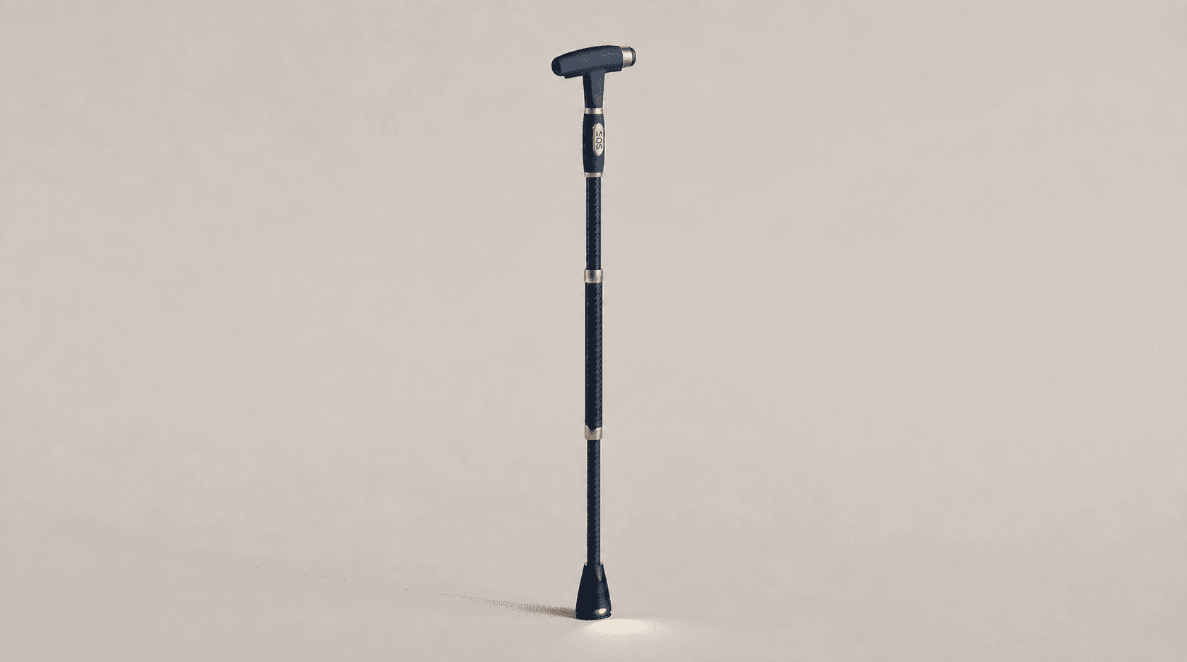 Supporta cane exterior with a navy handle and gold accents. Product concept image.