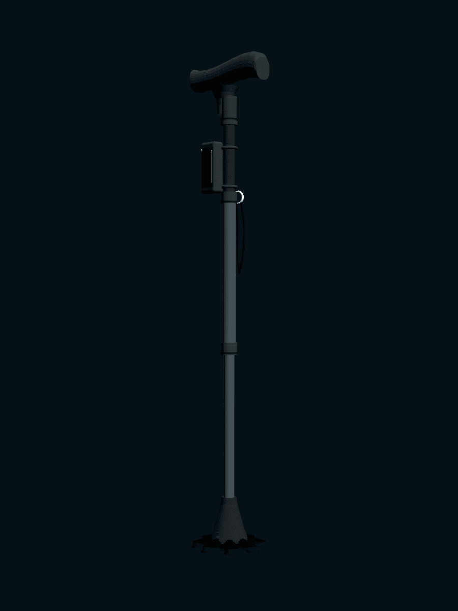 Supporta V2 pilot cane product visualization with a familiar handle, telescoping shaft, removable module, and multi-foot base.