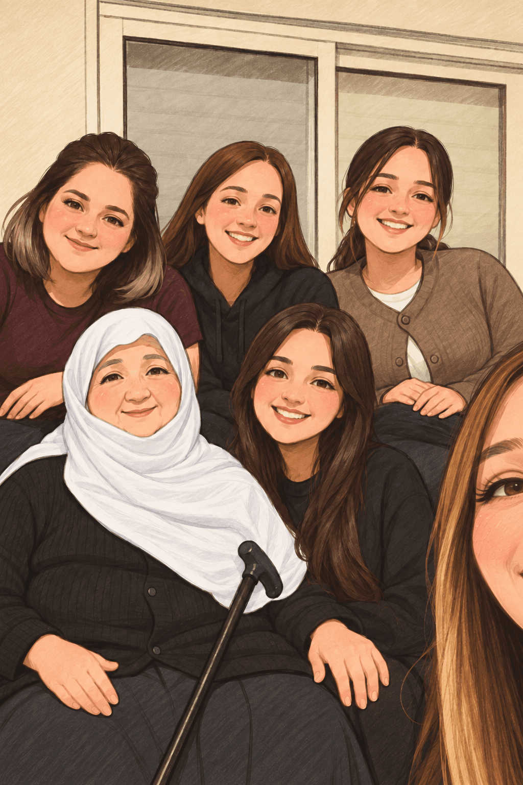 Illustrated multigenerational family portrait centered on an older woman with a walking cane